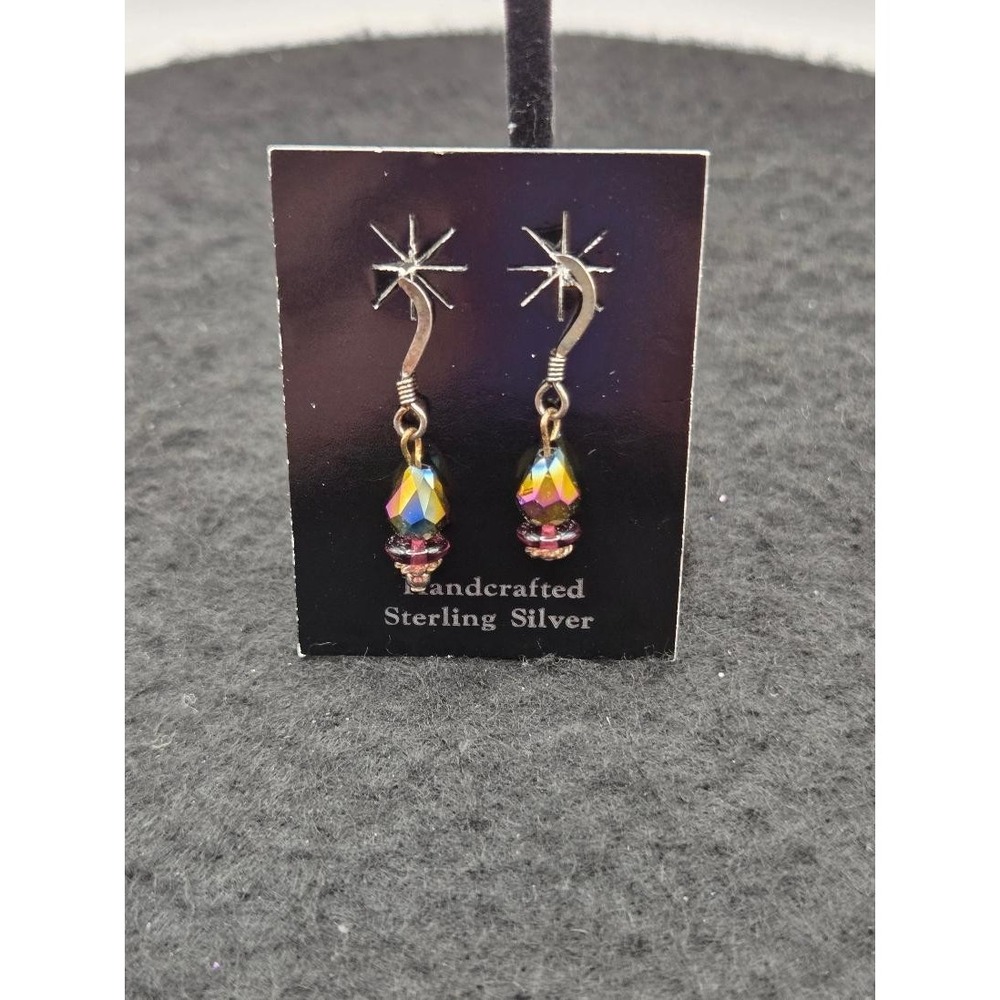 Artisan Sterling Silver Hook Dangle Earrings Rainbow Iridescent Crystal